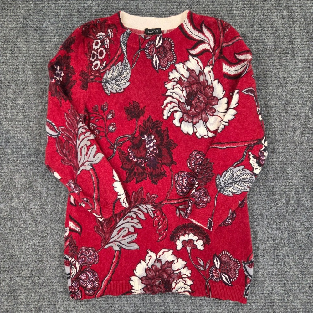 Talbots Pure Cashmere Floral Crewneck Sweater Red Burgundy White Medium